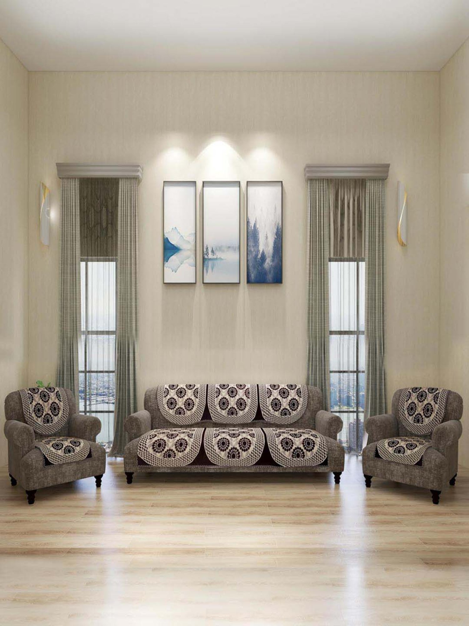 Romee Beige & Brown Chenille 5-Seater Sofa Cover Set