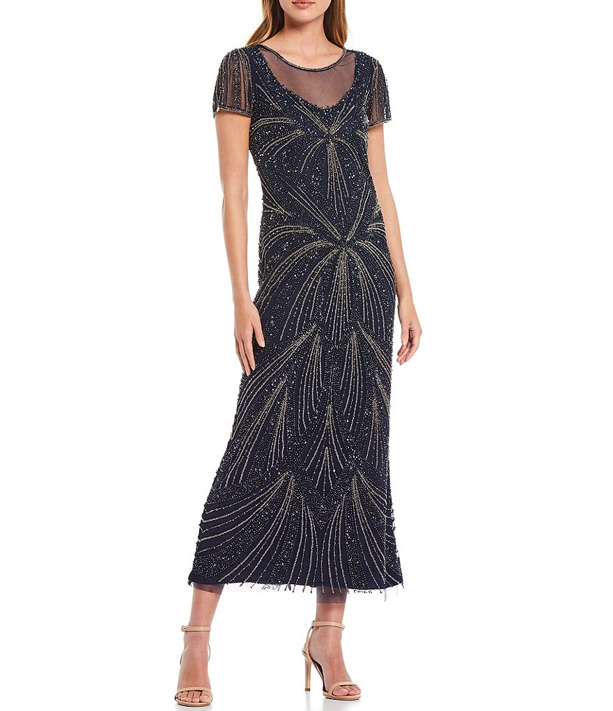 Pisarro Nights Illusion V-Neck Short Sleeve Yoke Beaded Gown