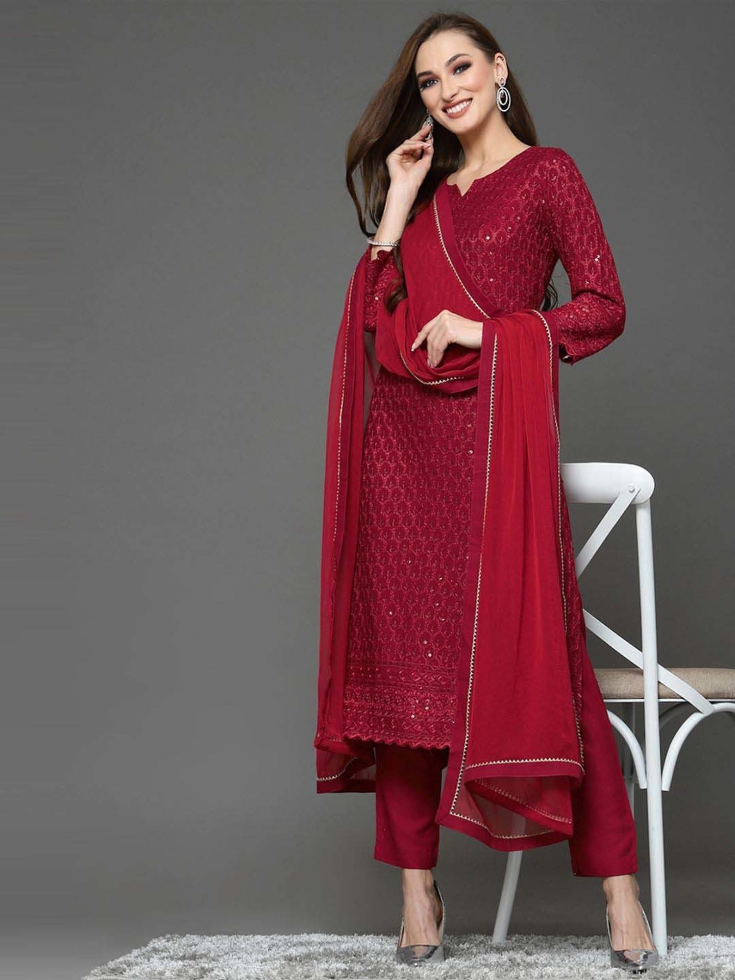 Skylee Maroon Embroidered Kurta Pant Set With Dupatta