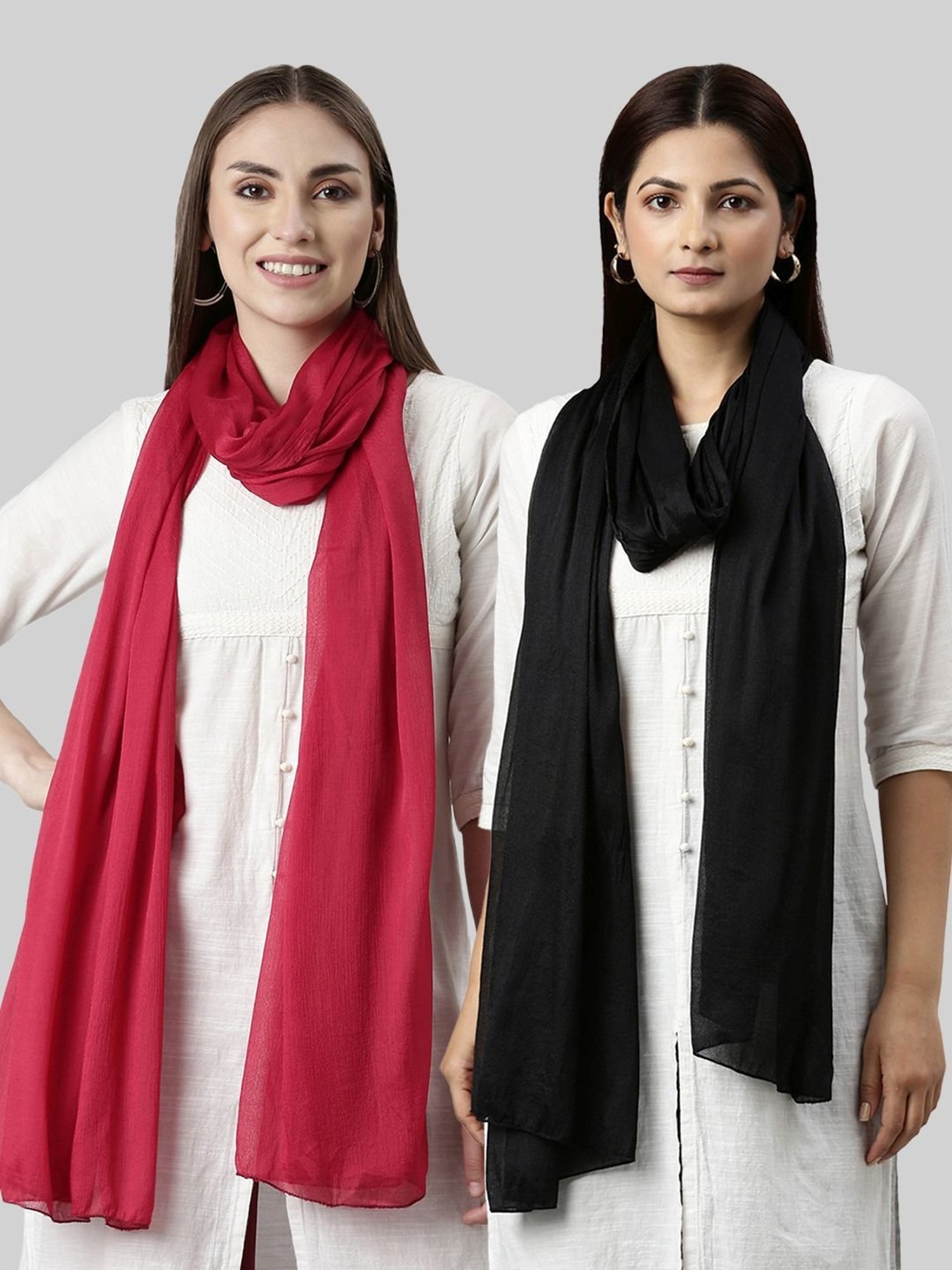 TWIN BIRDS Red & Black Plain Dupatta - Pack Of 2