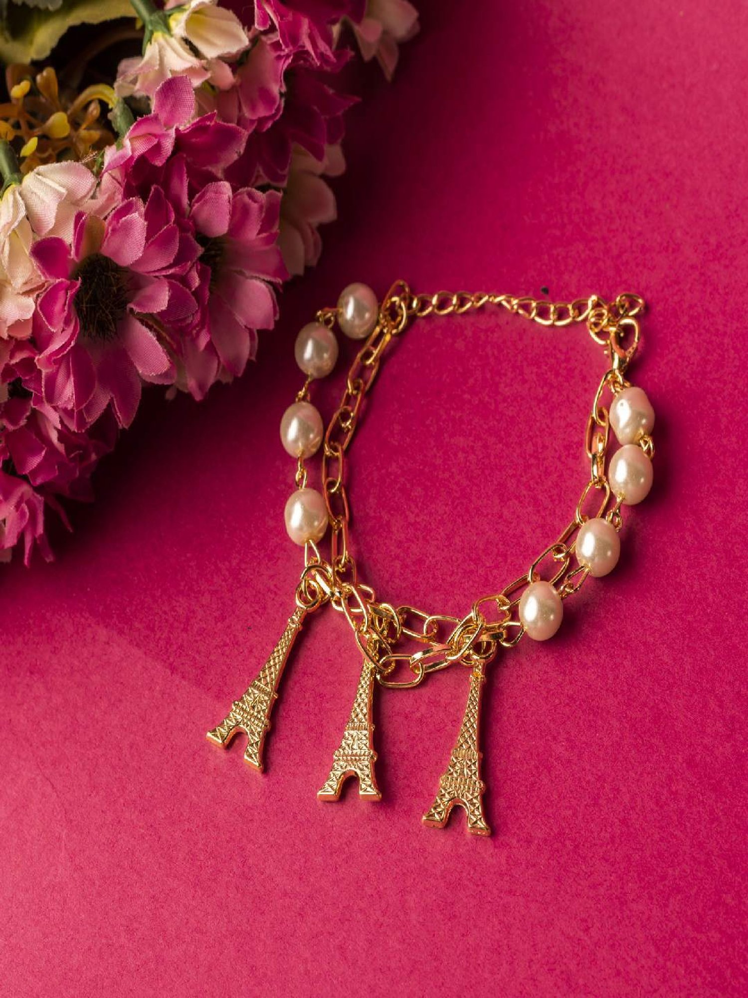 Jewelz White Pearl Gold Plated Alloy Eiffel Tower Shape Bracelet for Women