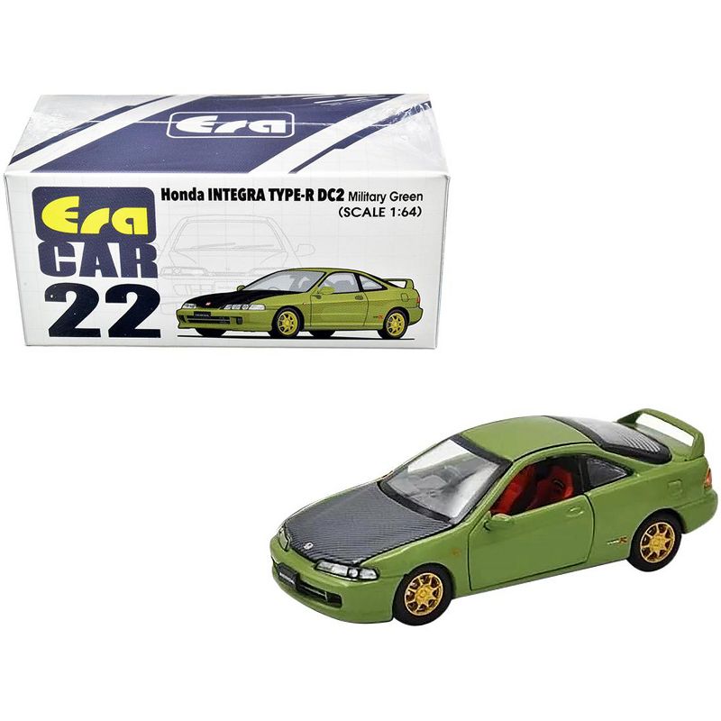 Honda Integra Type-R DC2 Military Green with Carbon Hood and Gold Wheels 1/64 Diecast Model Car by Era Car