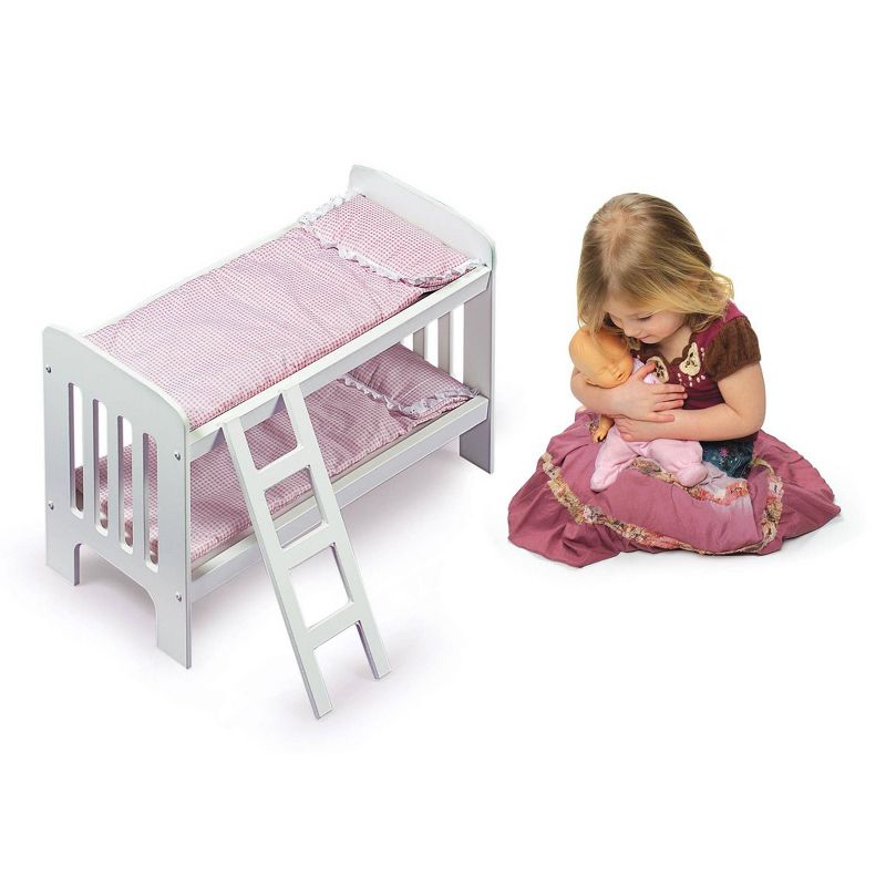 Badger Basket Doll Bunk Bed with Bedding, Ladder, and Free Personalization Kit - White/Pink/Gingham