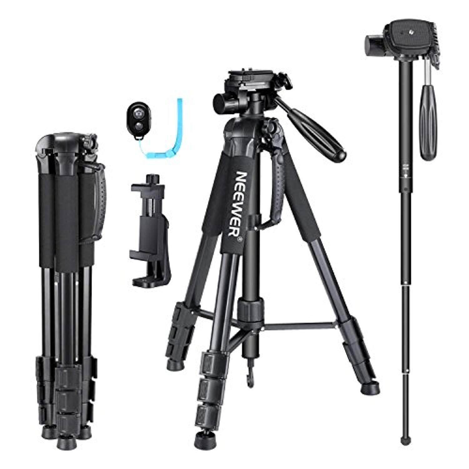 Neewer 70 inches Aluminium Camera Tripod Monopod with 3-Way Swivel Pan Head,Cellphone Holder,Bluetooth Remote,Bag for iPhone,Samsung,Huawei Smartphone,DSLR Camera,Load Up to 8.8 Pounds Black (SAB264)
