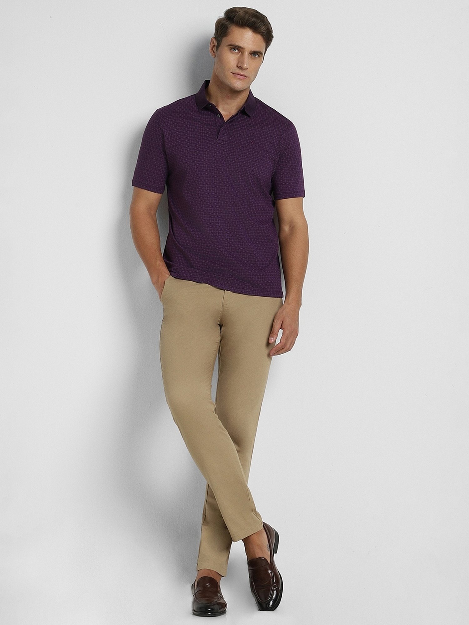 Peter England Purple Cotton Regular Fit Printed Polo T-Shirt