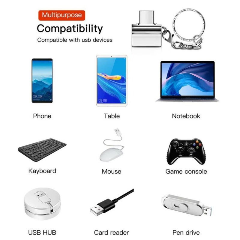 USB C to USB Adapter with Keychain, USB Type-C to USB2.0 Converter for USB C PD Charger Mouse Keyboard Flash Disk, Gold