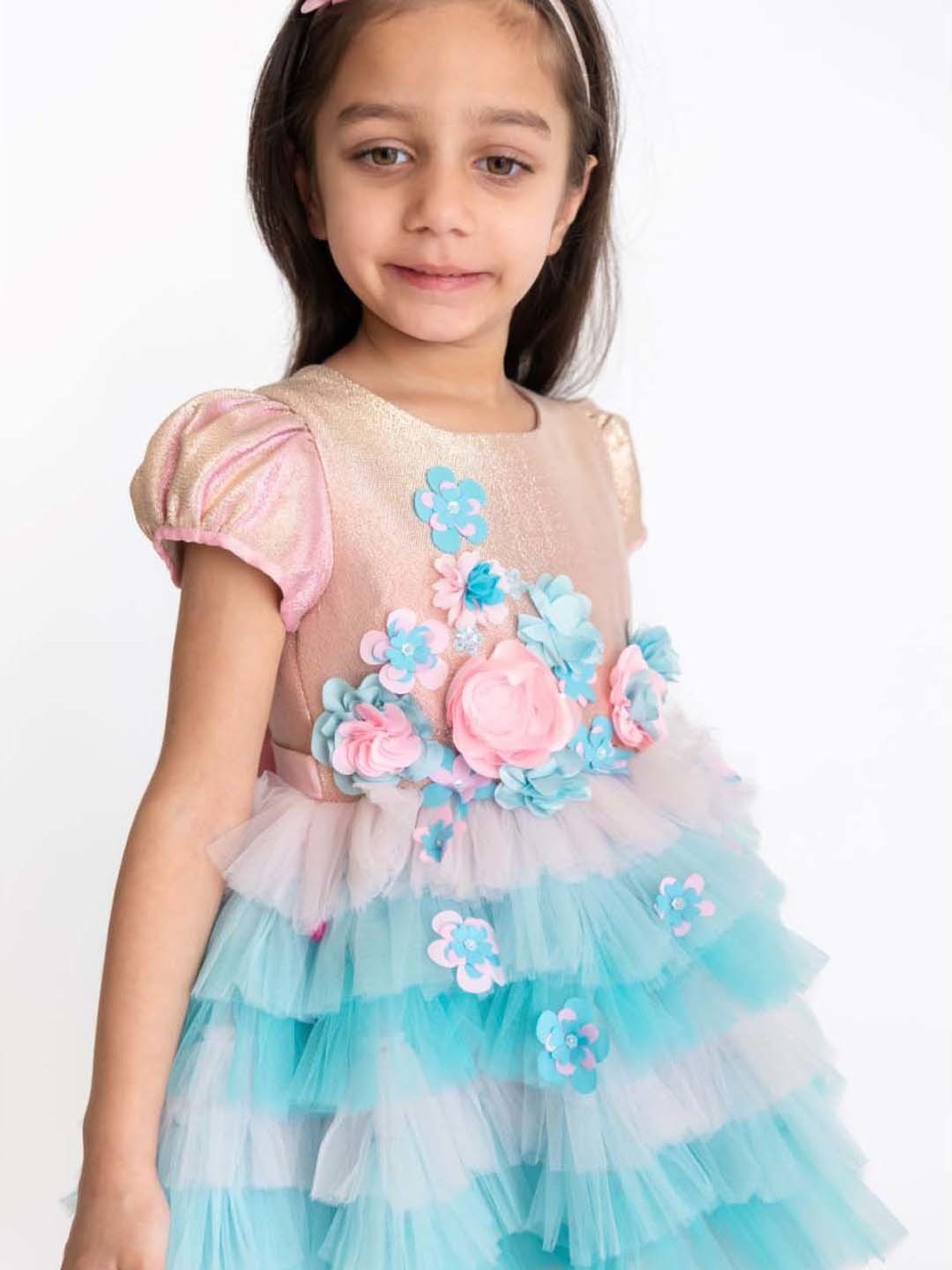 A Little Fable Beige & Blue Applique Dress