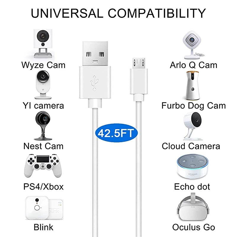 42.5Ft(13M) Power Extension Cable for Wyze Cam/Wyze Cam Pan, Blink Mini/Blink XT Cam, Yi Camera, NestCam Indoor and Quick Charge Power for Home Security Camera (2 Pack)