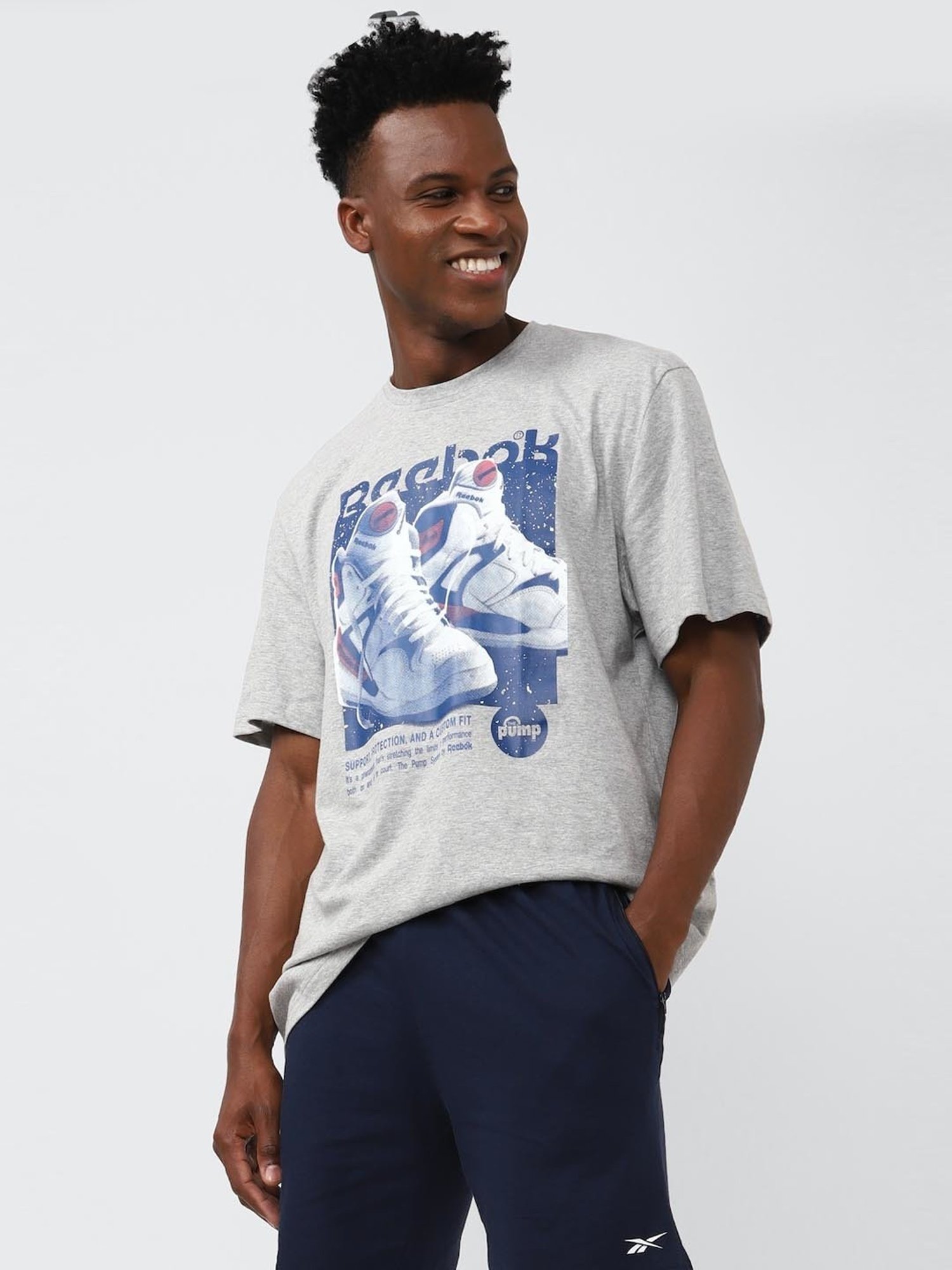 Reebok Grey Cotton Regular Fit Printed T-Shirt