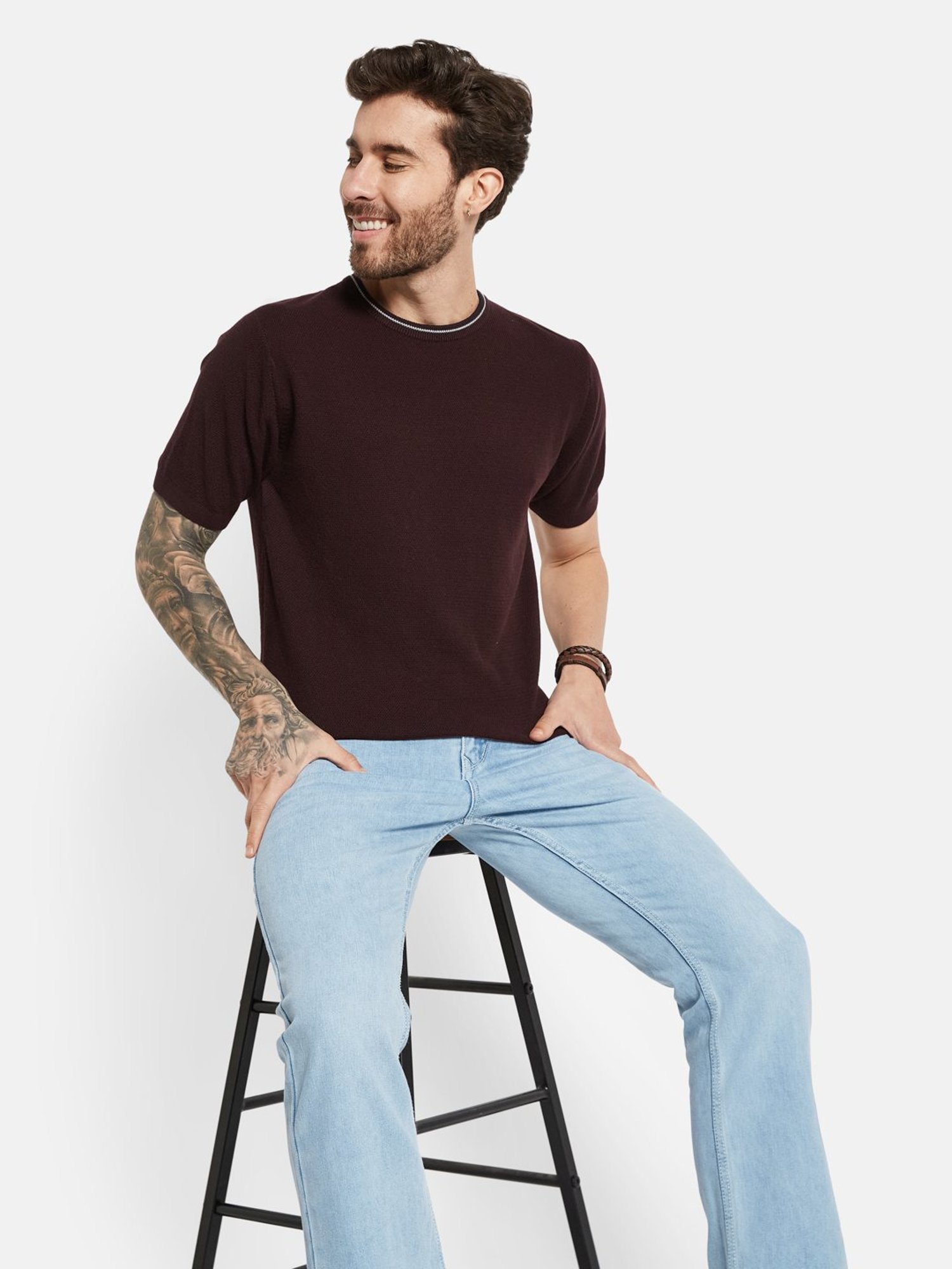 Mettle Wine Cotton Regular Fit T-Shirt
