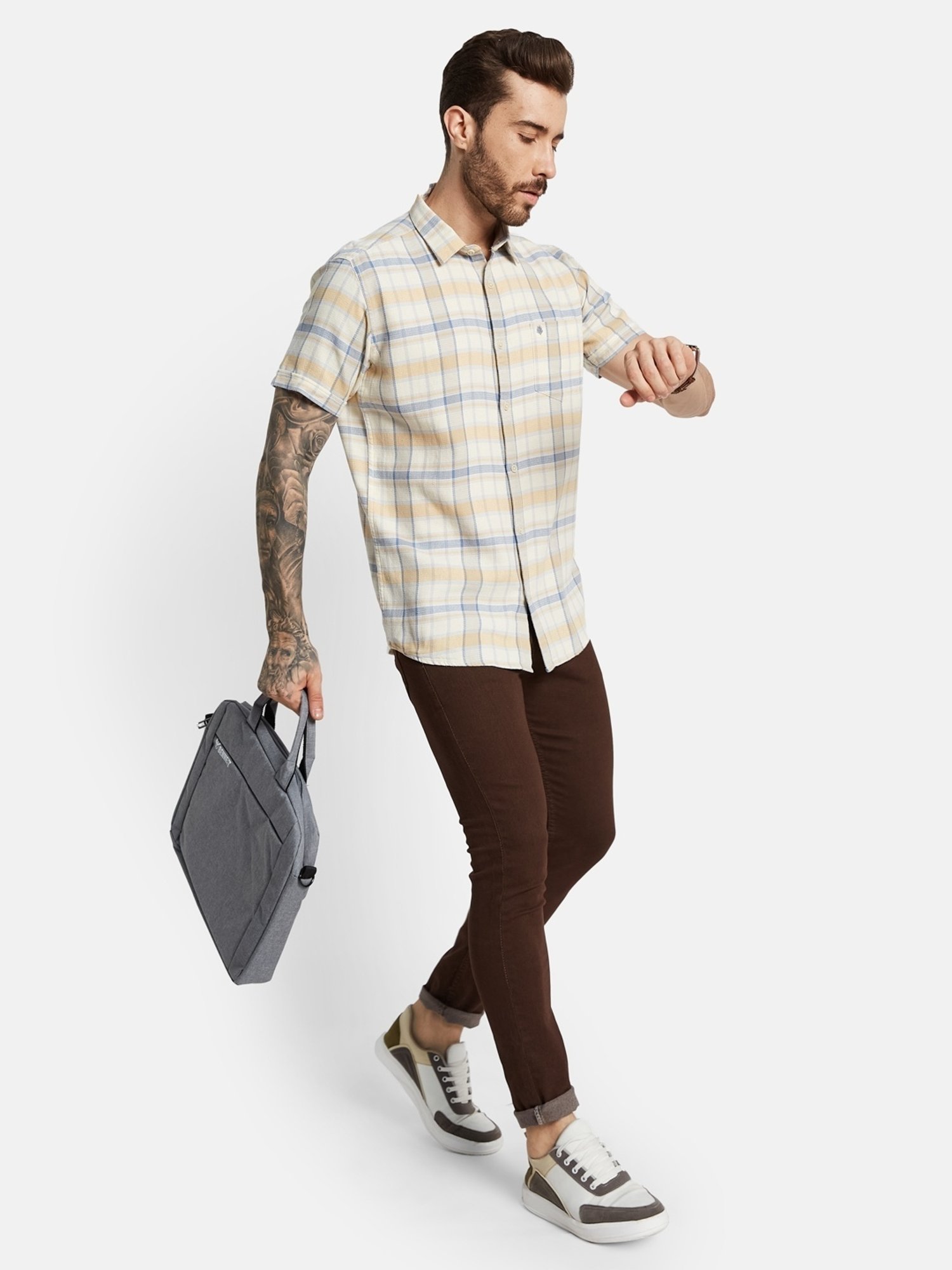 Mettle Mustard Cotton Regular Fit Checks Shirt