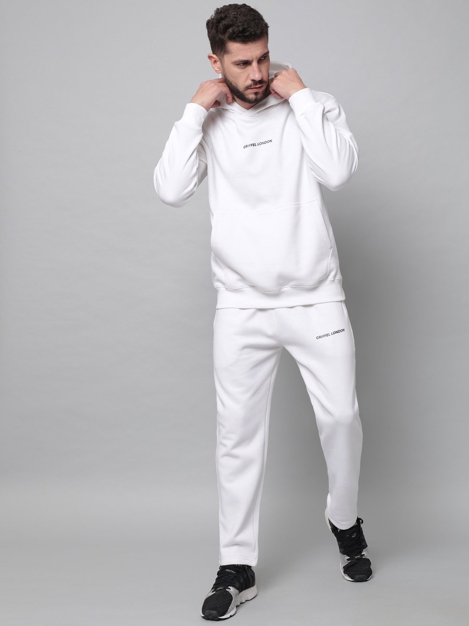 GRIFFEL White Regular Fit Logo Print Hooded Sweatshirt & Trackpants Set