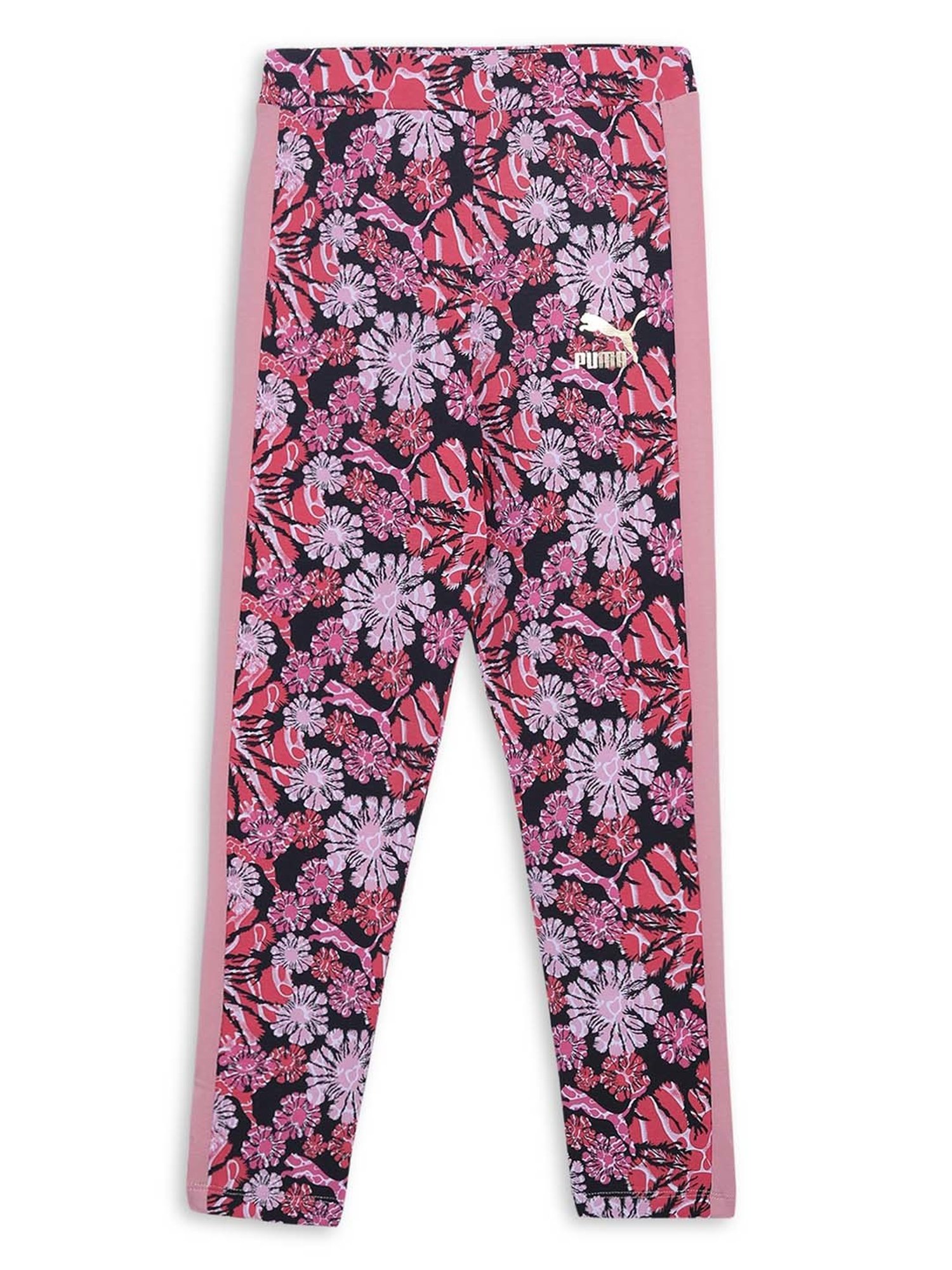 Puma Girls T7 Pink & Black Cotton Floral Print Leggings