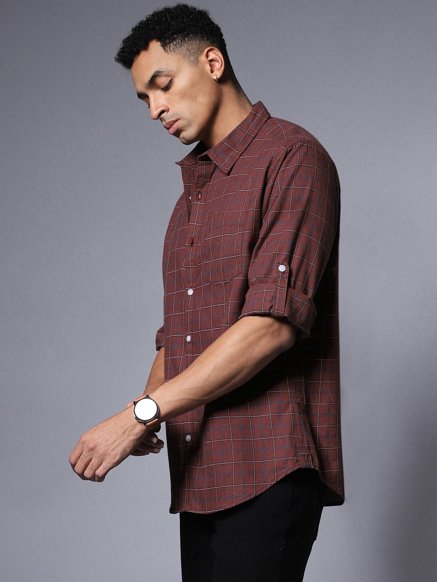 High Star Dark Maroon Relaxed Fit Check Cotton Shirt