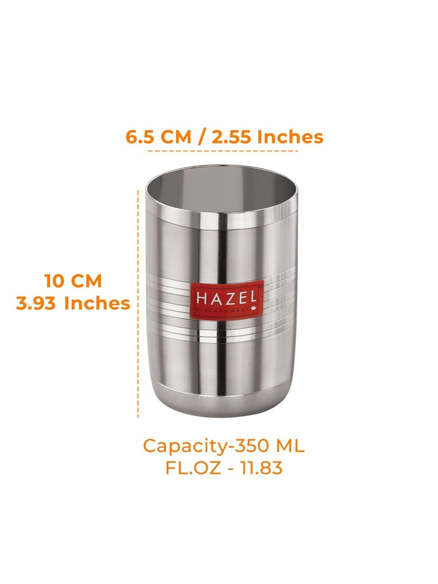 HAZEL Silver Stainless Steel Drinking Water Glasses - Set of 12 (350ml)