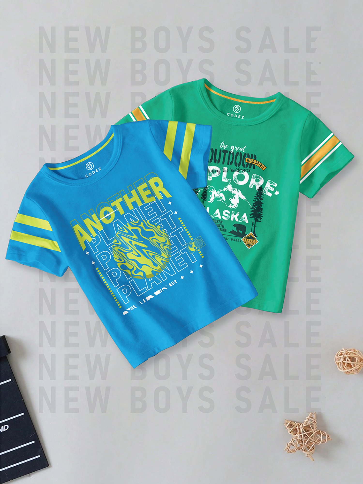 Codez Kids Blue & Green Printed T-Shirt (Pack Of 2)