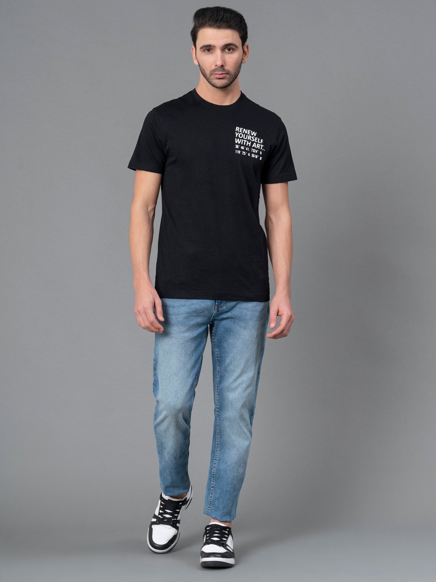 Red Tape Black Regular Fit Graphic Print Cotton Crew T-Shirt