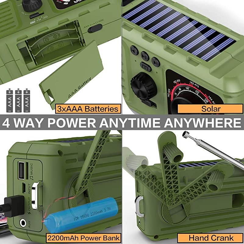 Radio - NOAA Weather Portable Radio with AM/FM 2200mAh Power Bank USB Charger LED Flashlights Solar Hand Crank and SOS Alarm &ndash; Survival Disaster Kit for Camping Hurricane Supplies - Green