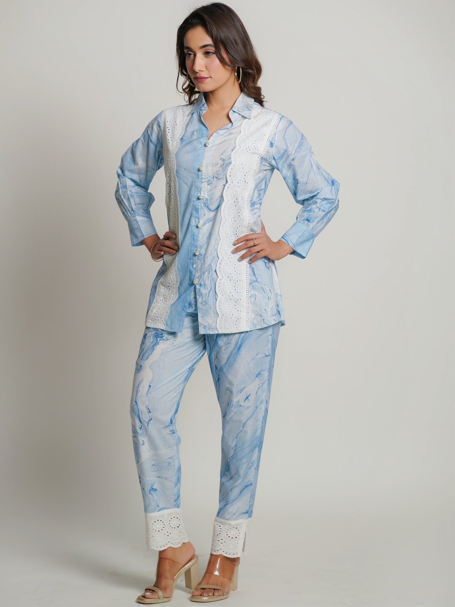 Zolo Label Sky Blue Cotton Printed Shirt Pant Set