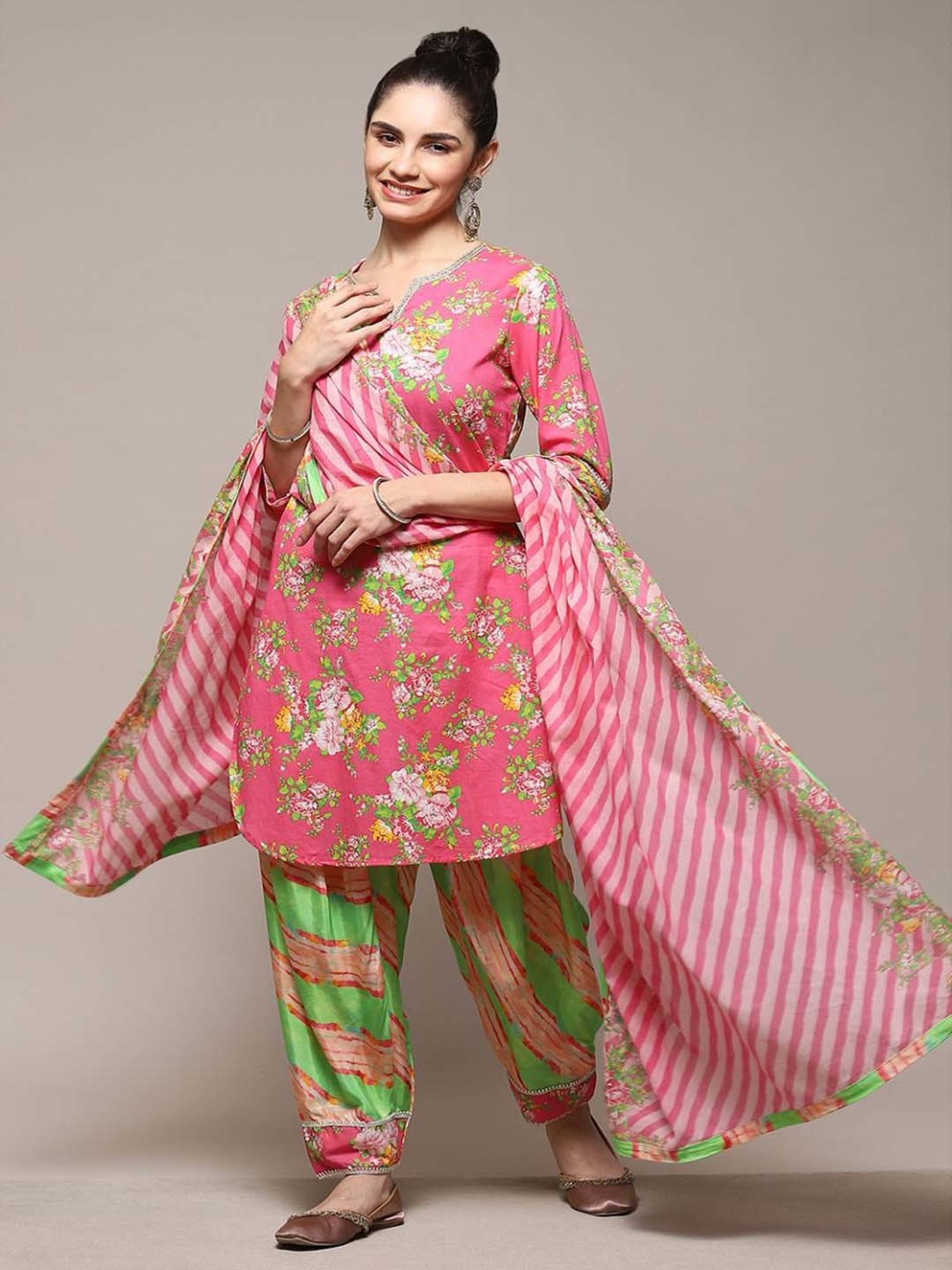Biba Pink & Green Cotton Printed Kurti Salwar Set With Dupatta