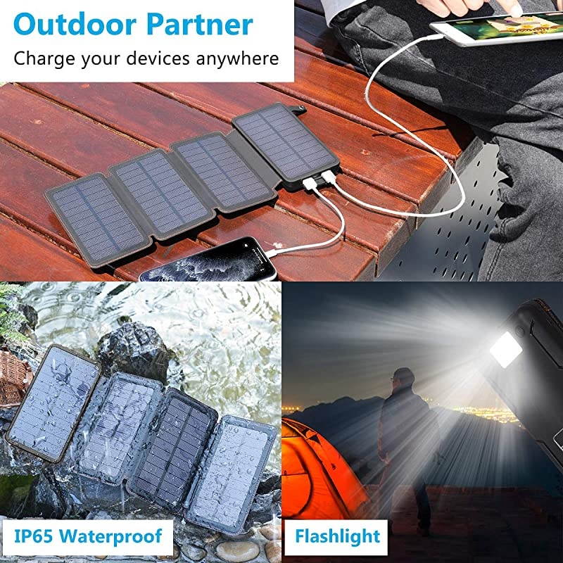 Solar Charger 25000mAh Solar Power Bank with 4 Foldable Solar Panels and 2 Ports, Portable Phone Charger for Outdoor Camping Hiking Compatible with Smartphones and Tablets