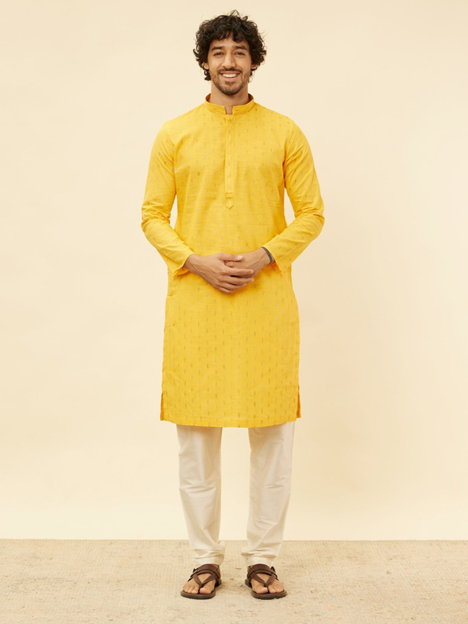 Manyavar Mustard & Begie Regular Fit Self Pattern Kurta Bottom Set