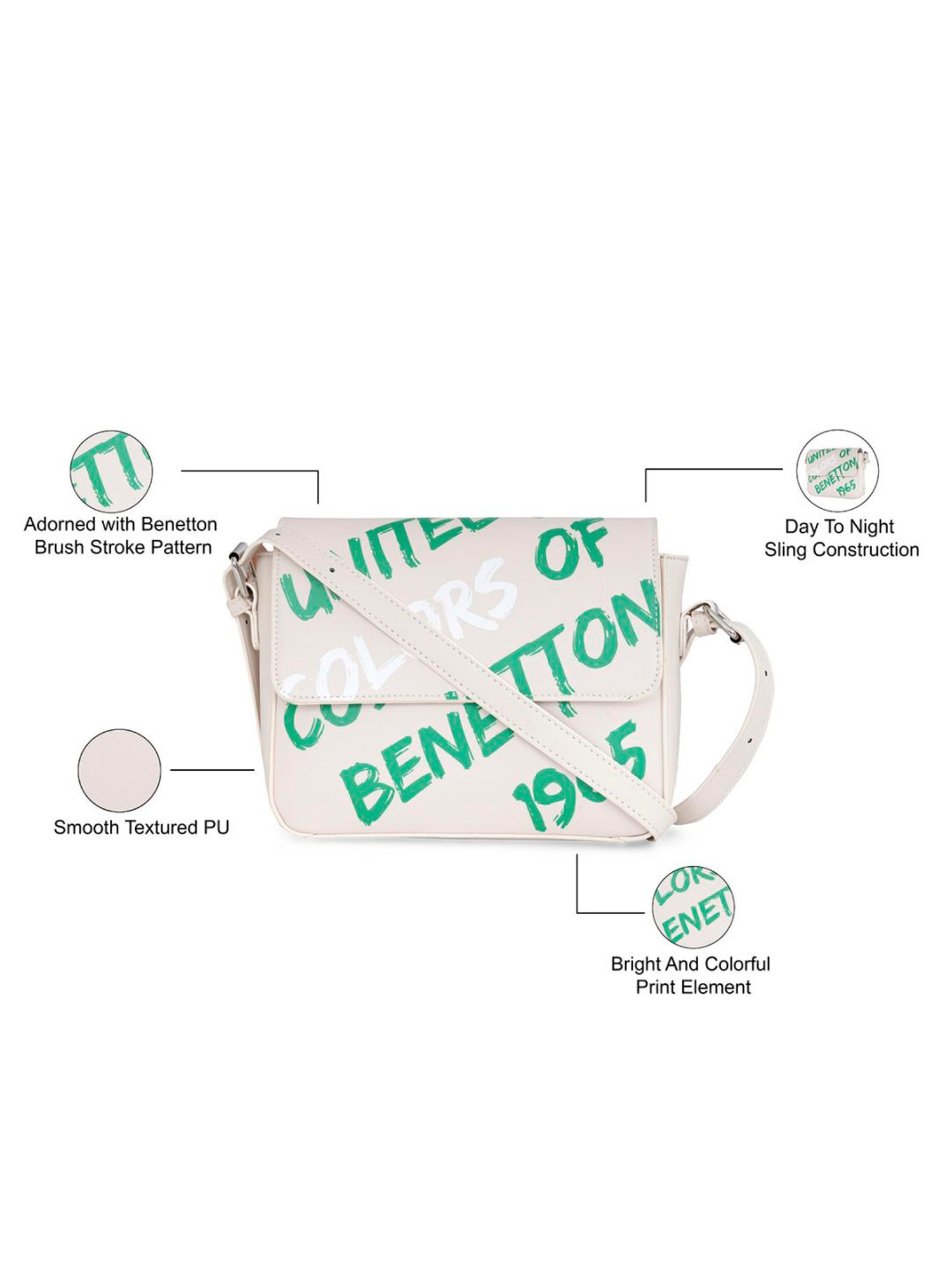 United Colors of Benetton Rylie White PU Printed Sling Handbag