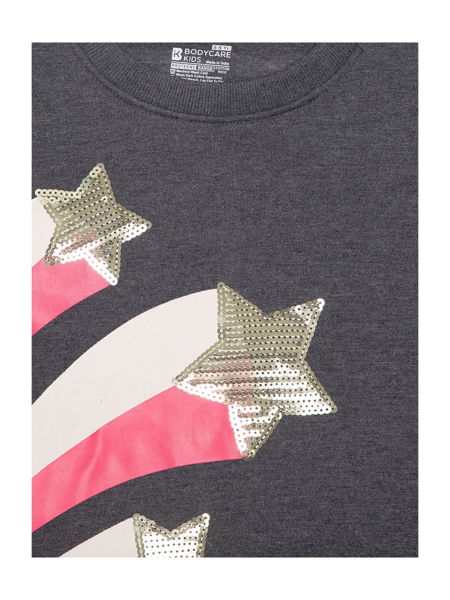 Bodycare Girls Dark Grey Embellished Full Sleeves Sweatshirt