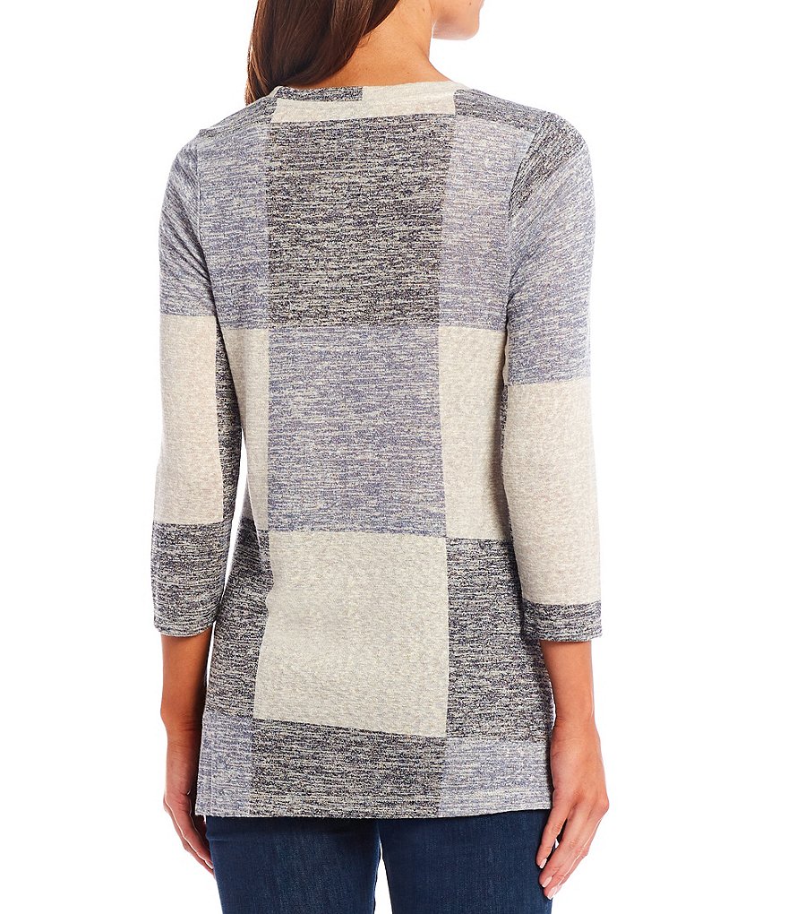 Bobeau Colorblock Print Slub Knit 3/4 Sleeve Round Neck Side Panel Detail Hi-Low Tunic