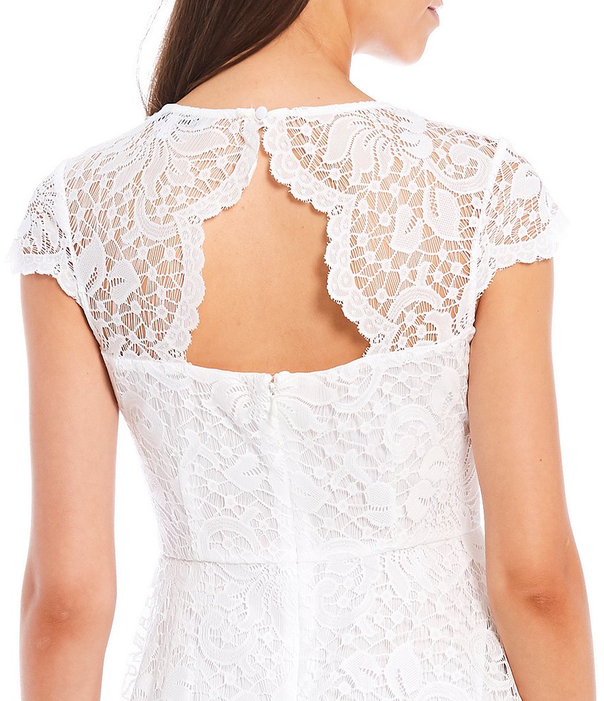 Kensie Illusion Neck Cap Sleeve Lace Fit & Flare Scallop Hem Fit & Flair Dress