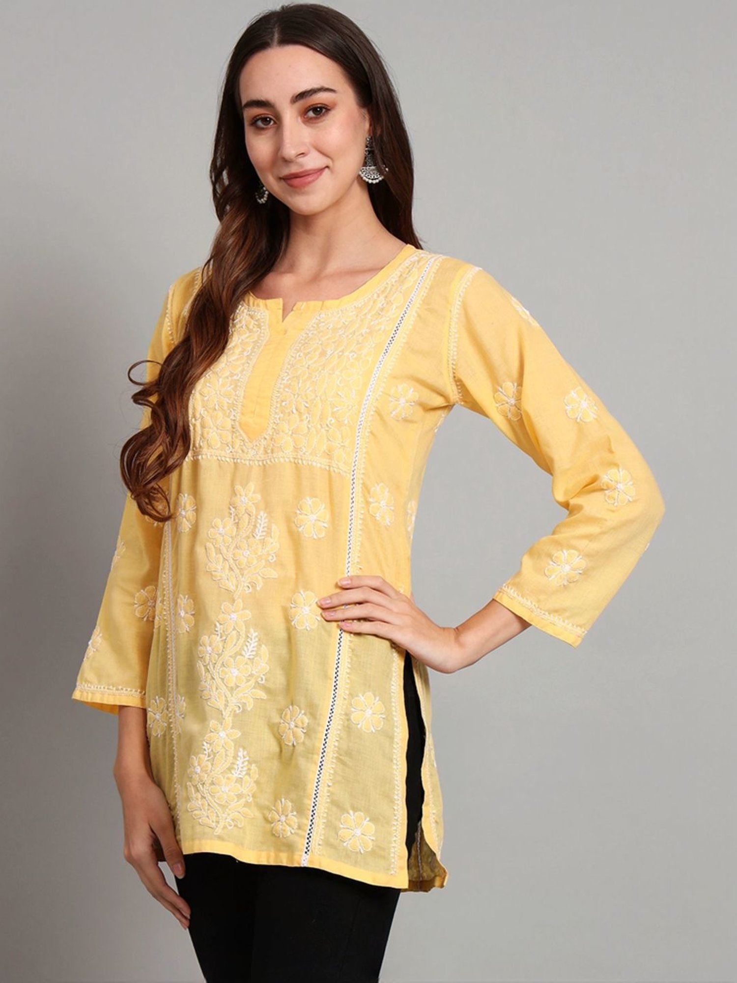 PARAMOUNT CHIKAN Citrine Yellow Cotton Hand Embroidered Chikankari Straight Kurti