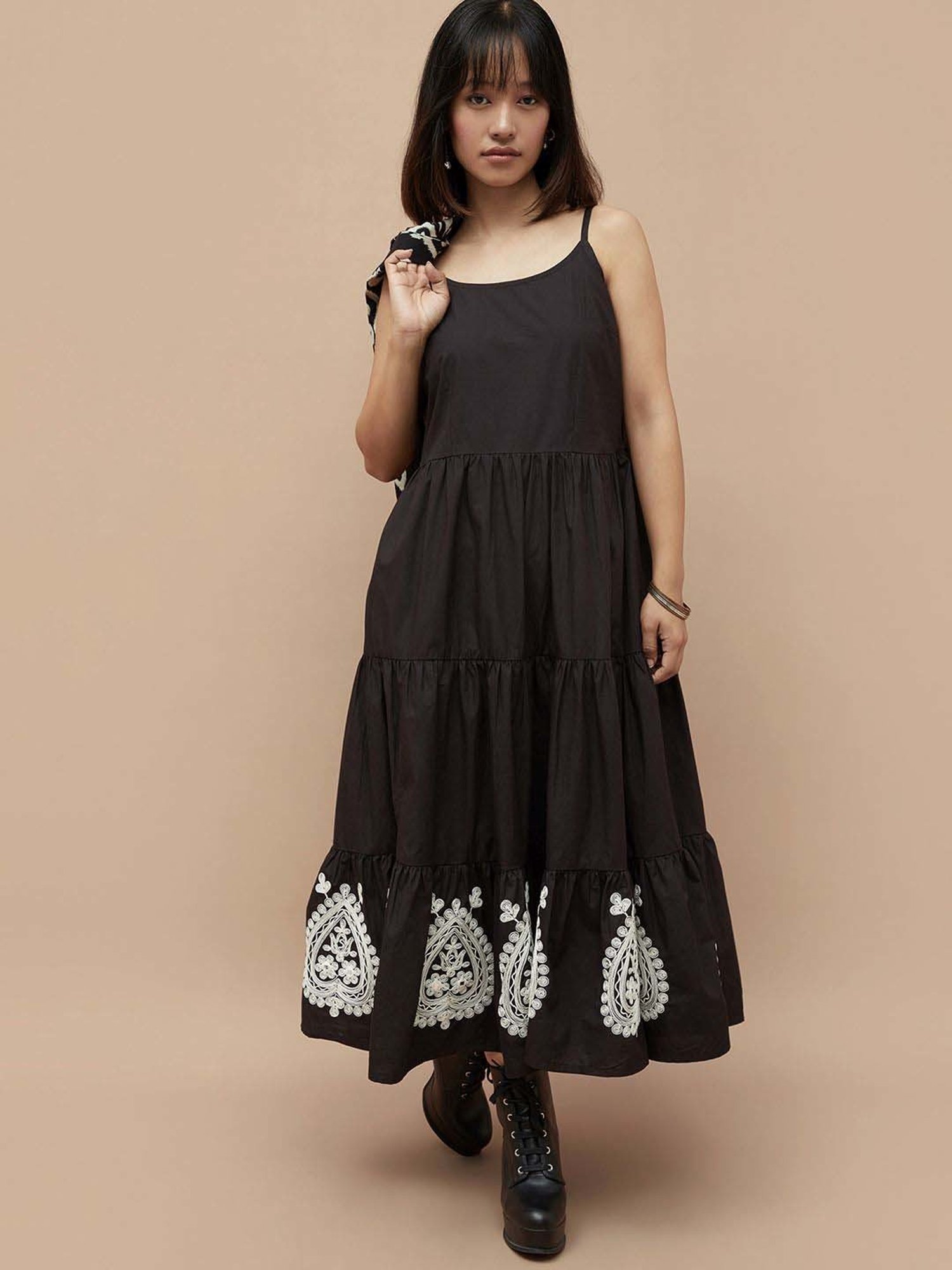 Colour Me by Melange Black Cotton Embroidered Maxi Dress With Jacket