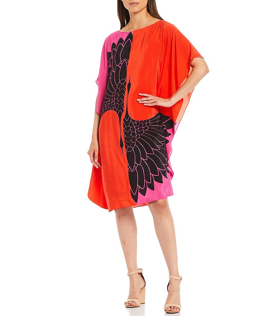 Trina Turk Global Boat Neck Short Sleeve Printed Silk Caftan Dress