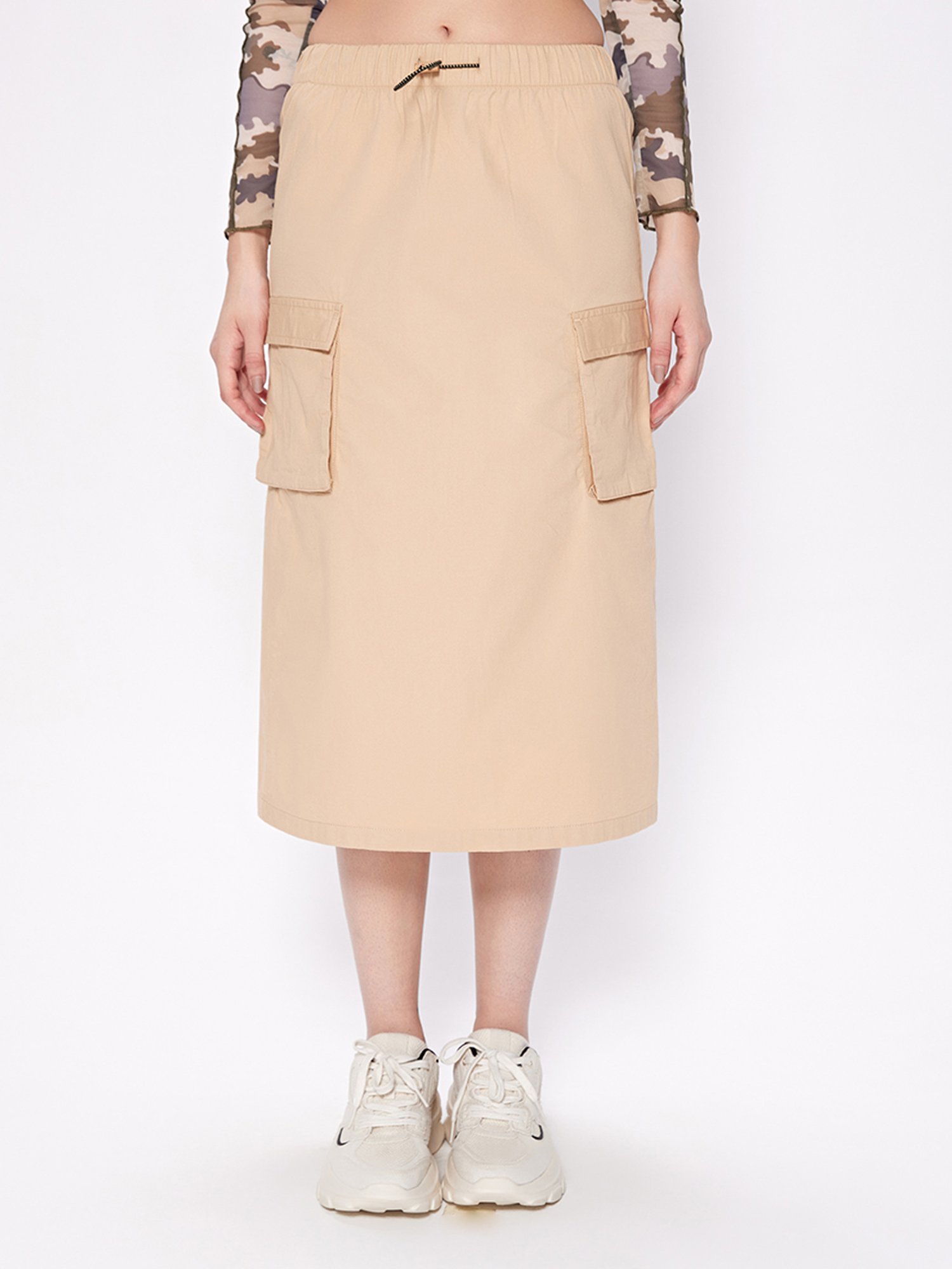Cover Story Beige Midi Skirt