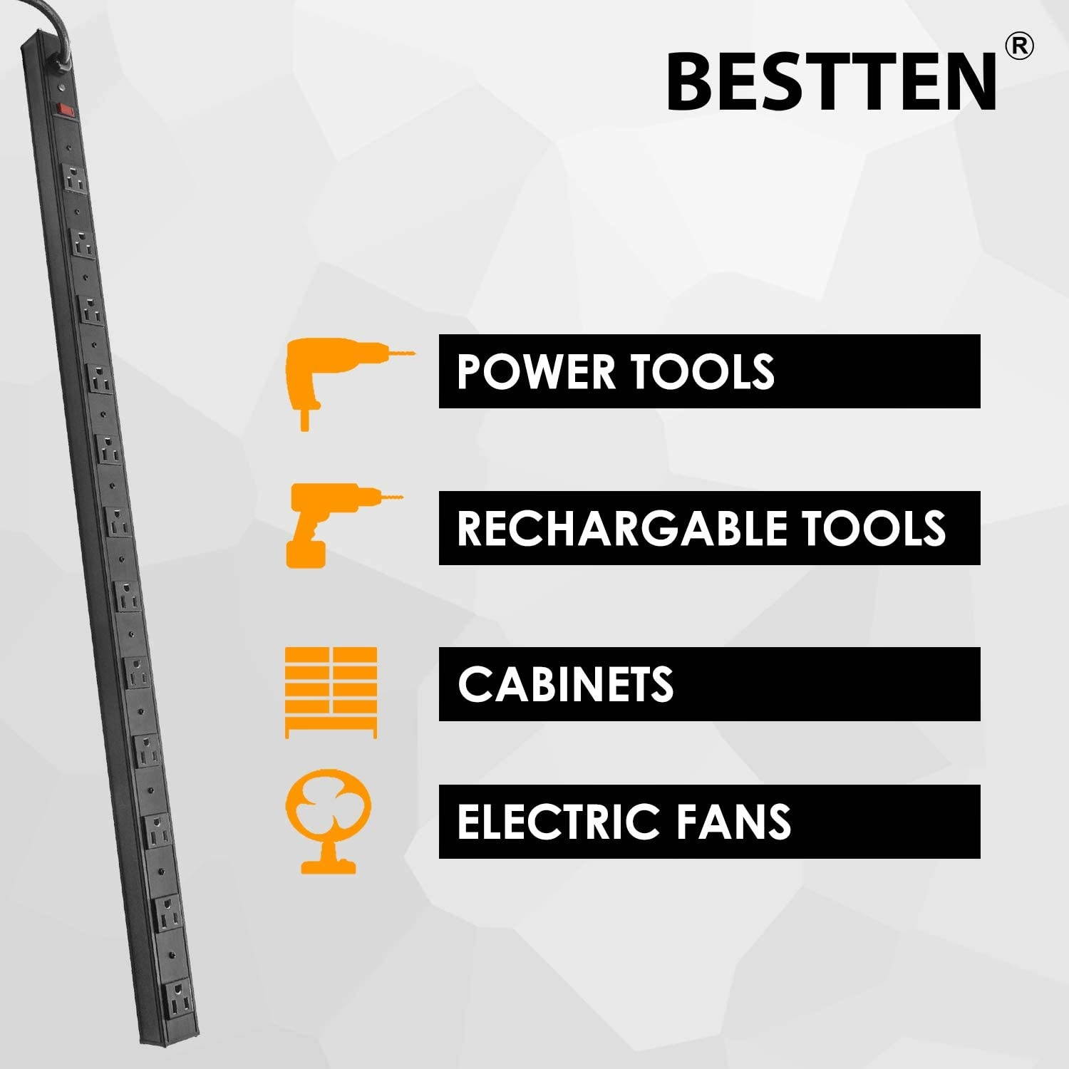 BESTTEN Wide-Spaced 12-Outlet Metal Power Strip Surge Protector, 15-Foot Ultra Long Extension Cord, 15A/125V/1875W, 600 Joules, ETL Listed, Black