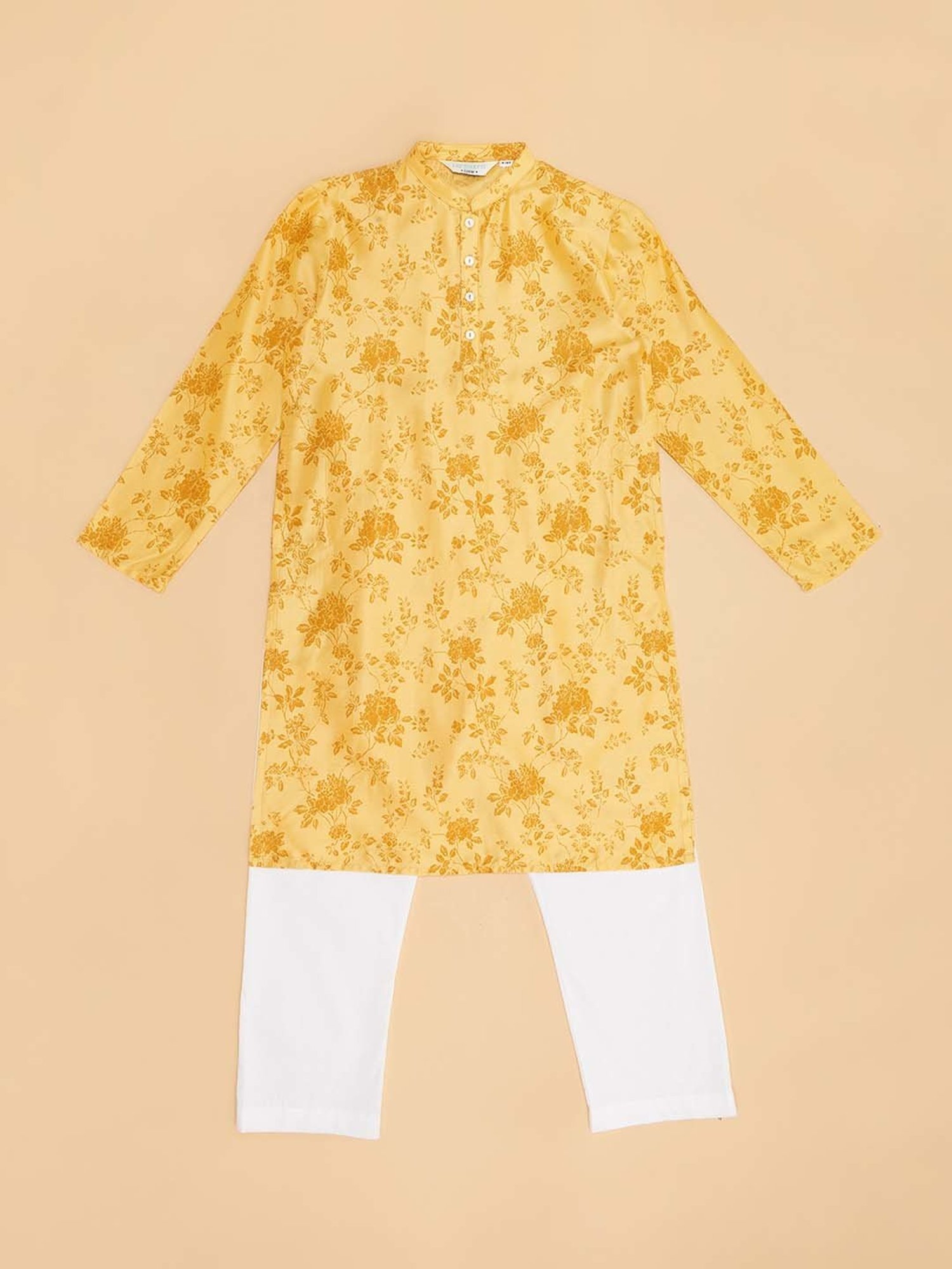 Indus Route by Pantaloons Kids Mustard & White Printed Full Sleeves Kurta Set