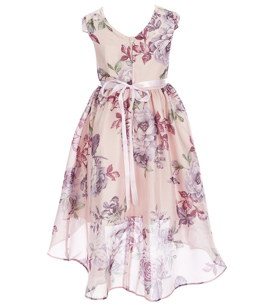 Rare Editions Big Girls 7-16 Cap-Sleeve Embellished Waist Floral Print High-Low Hem Chiffon Dress