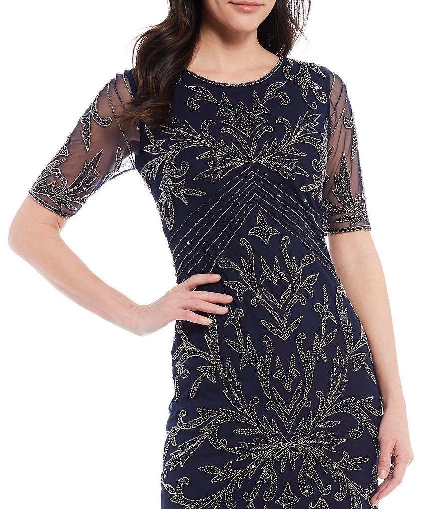 Pisarro Nights Short Sleeve Beaded Mesh Gown