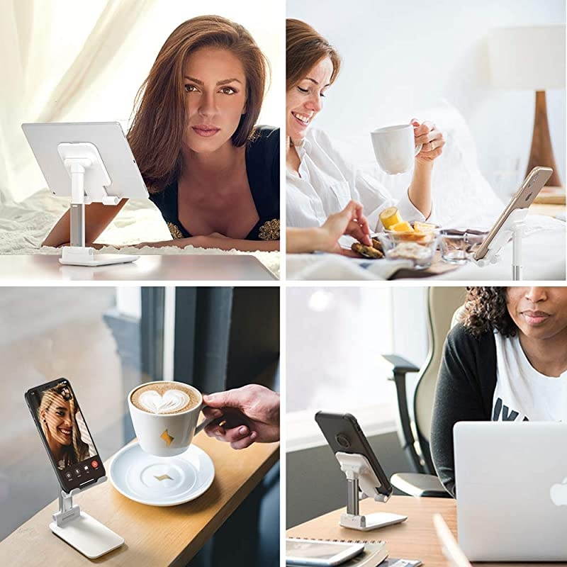 Phone Stand Foldable Portable Desktop Stand Adjustable Height and Angle Phone Holder for Desk Sturdy Aluminum Metal Stand Compatible with SmartphoneiPadKindleTablet White