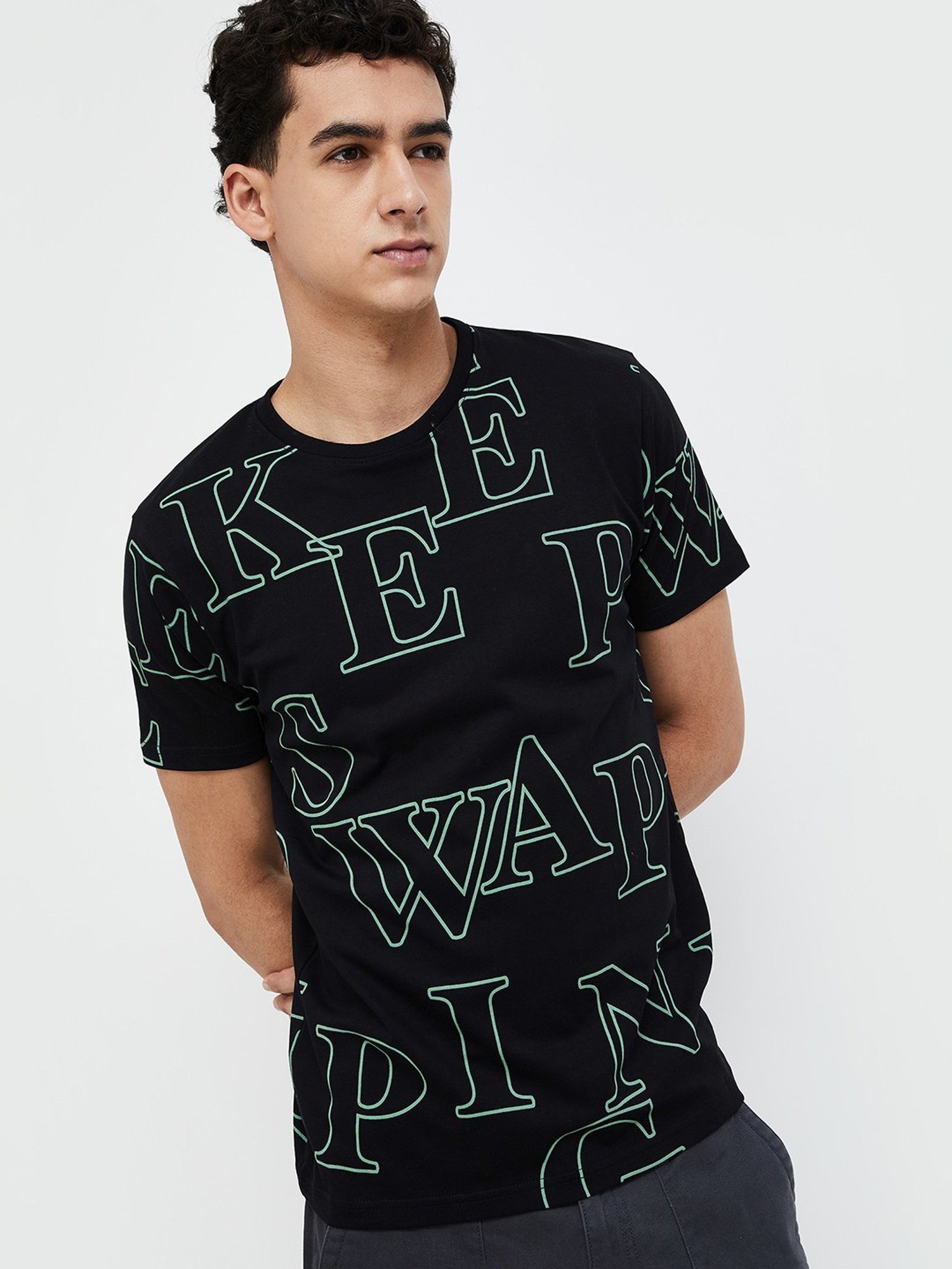 Forca Black Cotton Regular Fit Printed T-Shirt