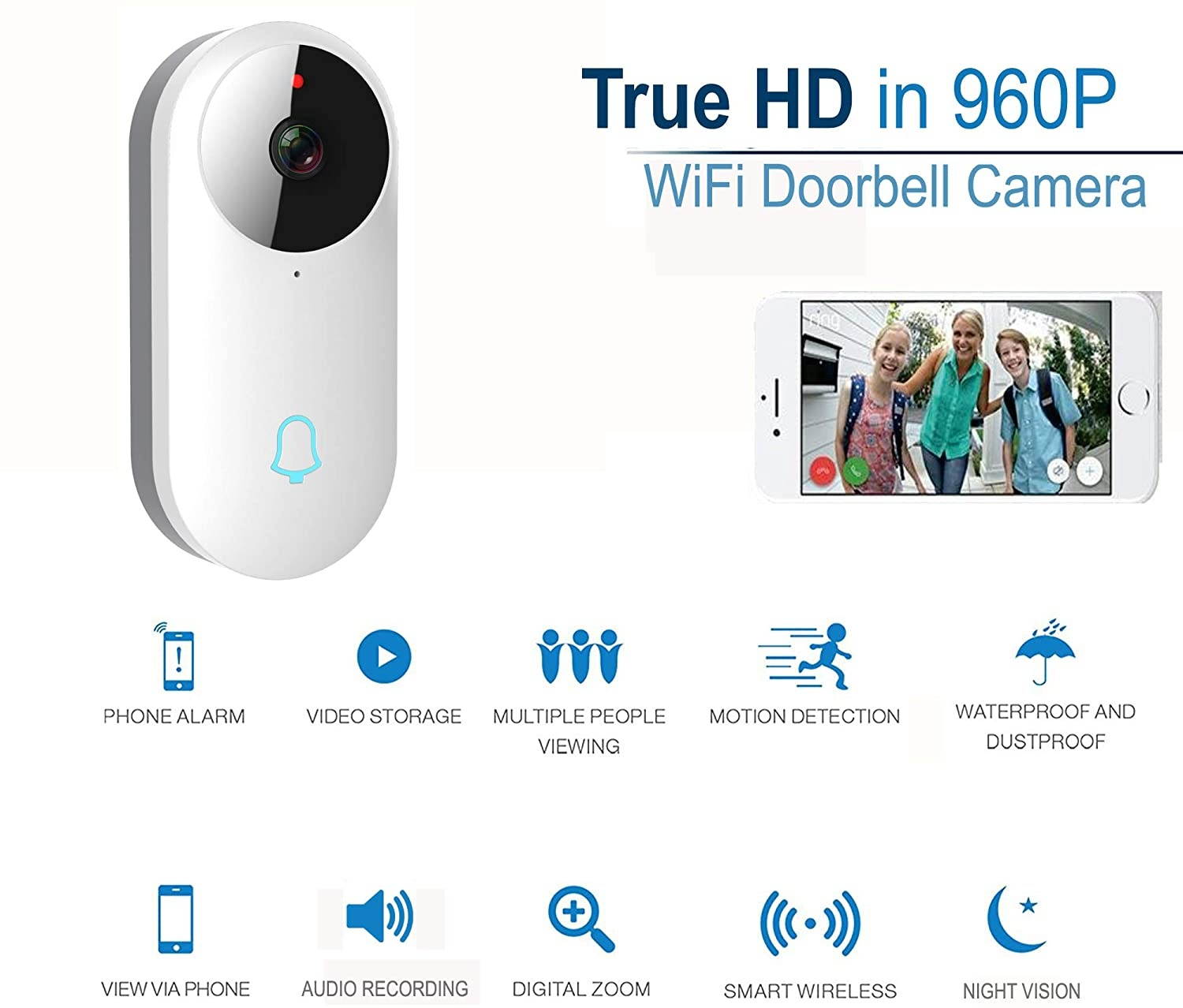 Outdoor HD960P Wireless WiFi Doorbell Camera Smartphone CCTV Security Surveillance 2 Way Audio Night Vision Motion Detect Lifetime Cloud Storage Service with No Monthly Fee 2 Pack