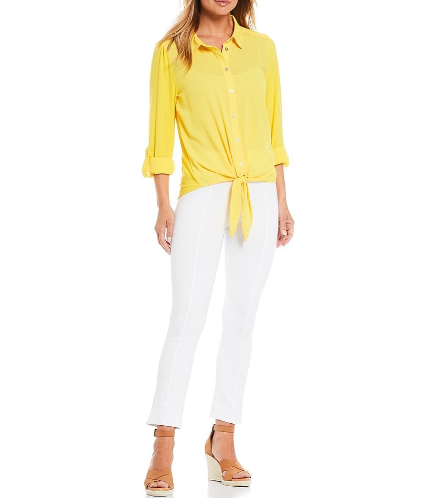 Slim Factor by Investments Hannah Point Collar Neck Roll-Tab 3/4 Sleeve Button Down Tie-Front Top