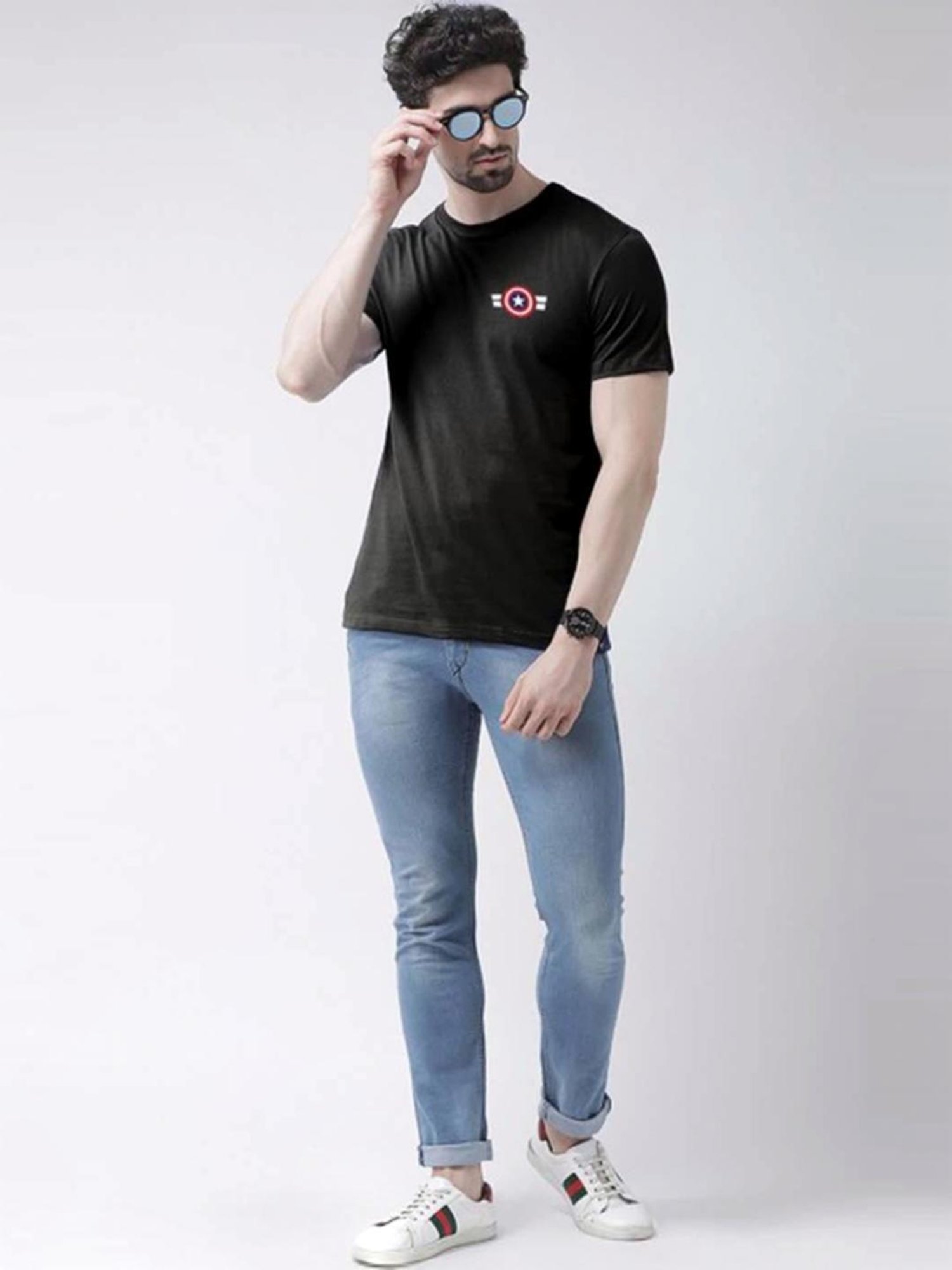 Friskers Black Cotton Slim Fit T-Shirt