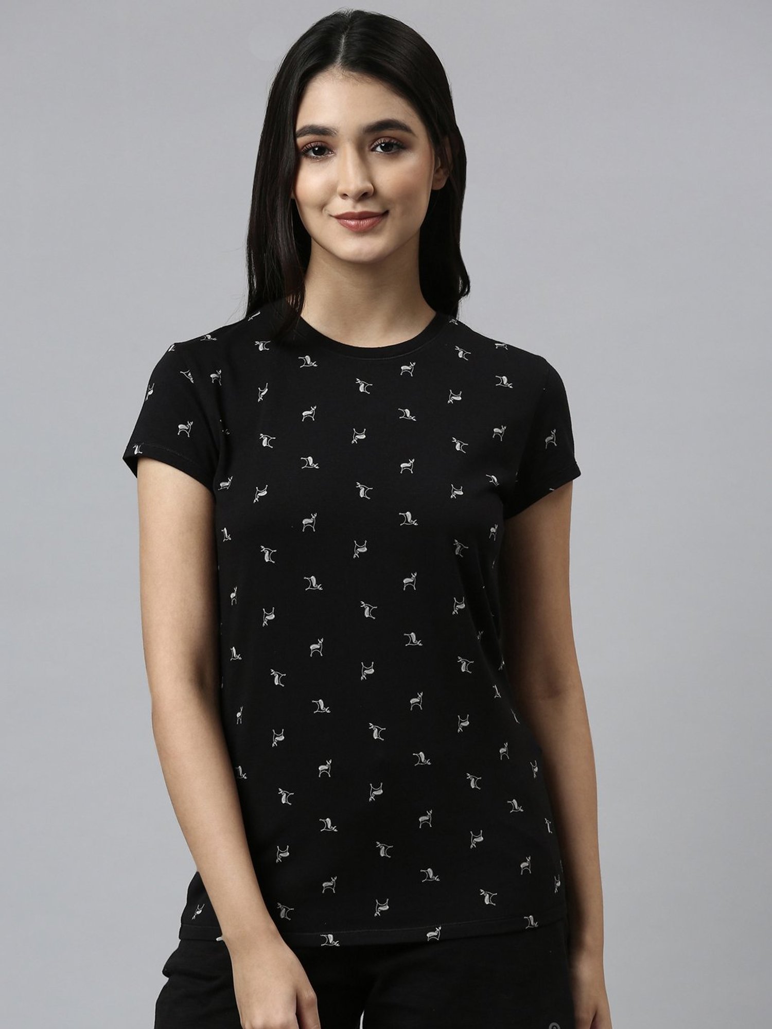 Enamor Pitch Black Cotton Printed T-Shirt