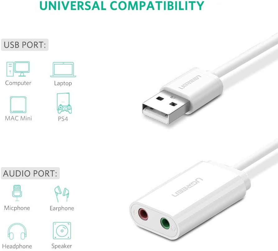 USB Sound Card,  3.5mm Sound Card External USB Audio Adapter, External Stereo Sound Adapter Compatible with PC Windows,MAC, Linux, Laptops, Desktops, PS5. Plug and Play No Drivers Needed, White