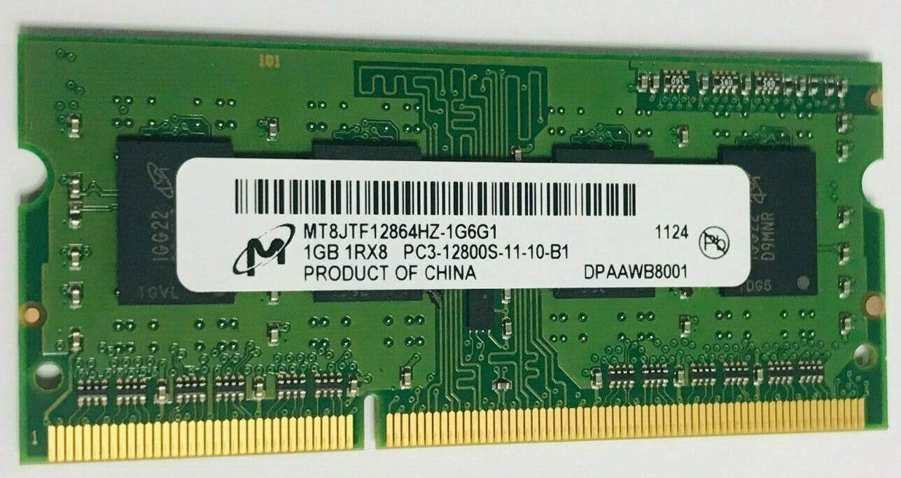 Micron MT8JTF12864HZ-1G6G1 DDR3 1GB 1600Mhz 1Rx8 PC3-12800 DDR3-1600MHz non-ECC Unbuffered CL10 204-Pin Dimm 1.5V Memory module for Laptop