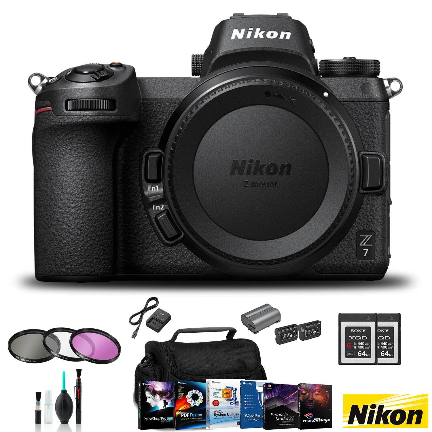 Nikon Z 7 Mirrorless FX-Format Digital Camera (Body Only) - Bundle 2x  64GB Memory Card + 2x EN-EL15 Li-on Battery + Editing Software Kit + 3 Pc Filter Kit and MORE - Intl Model