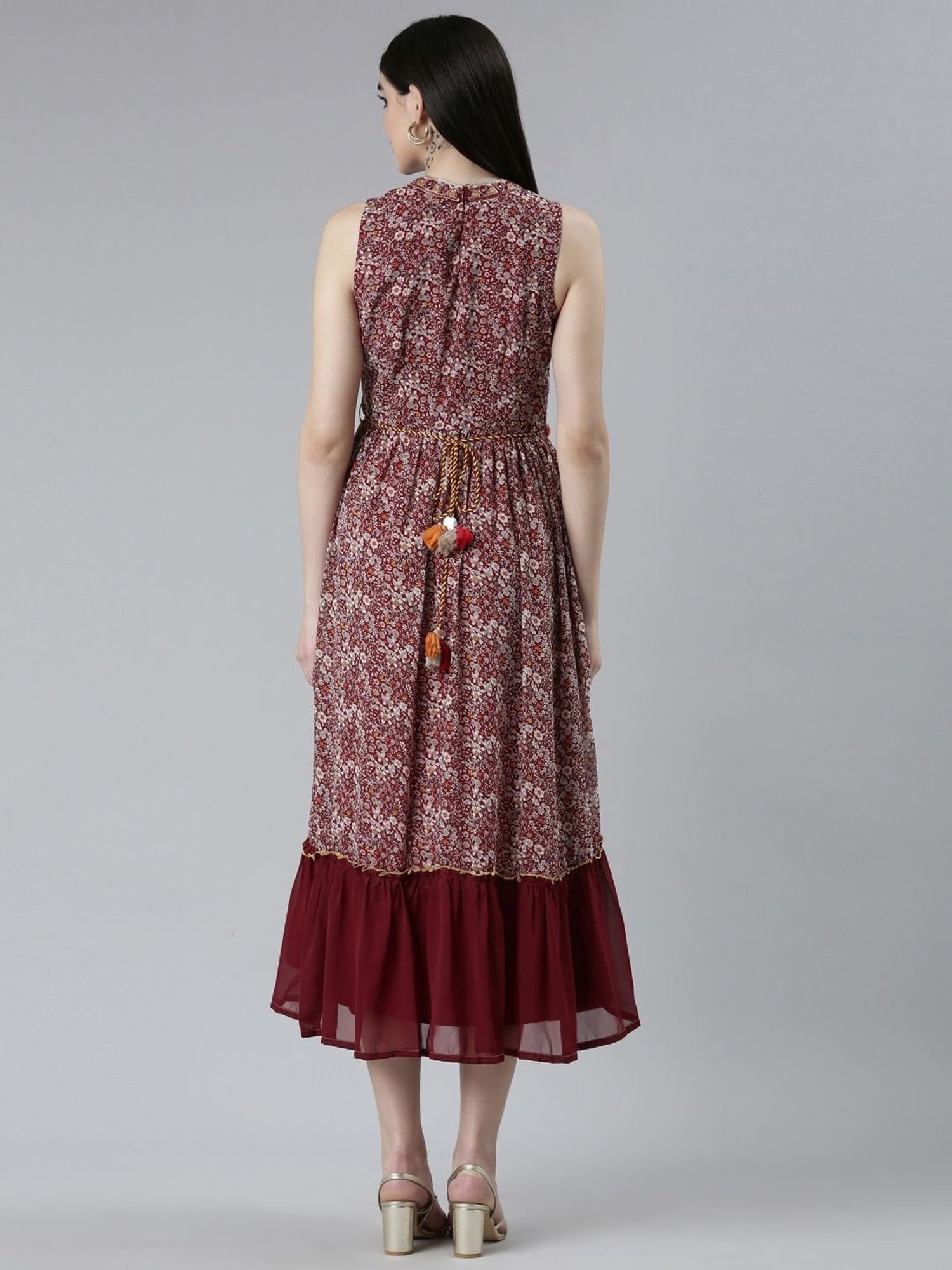 Neerus Maroon Floral Print Blouson Dress