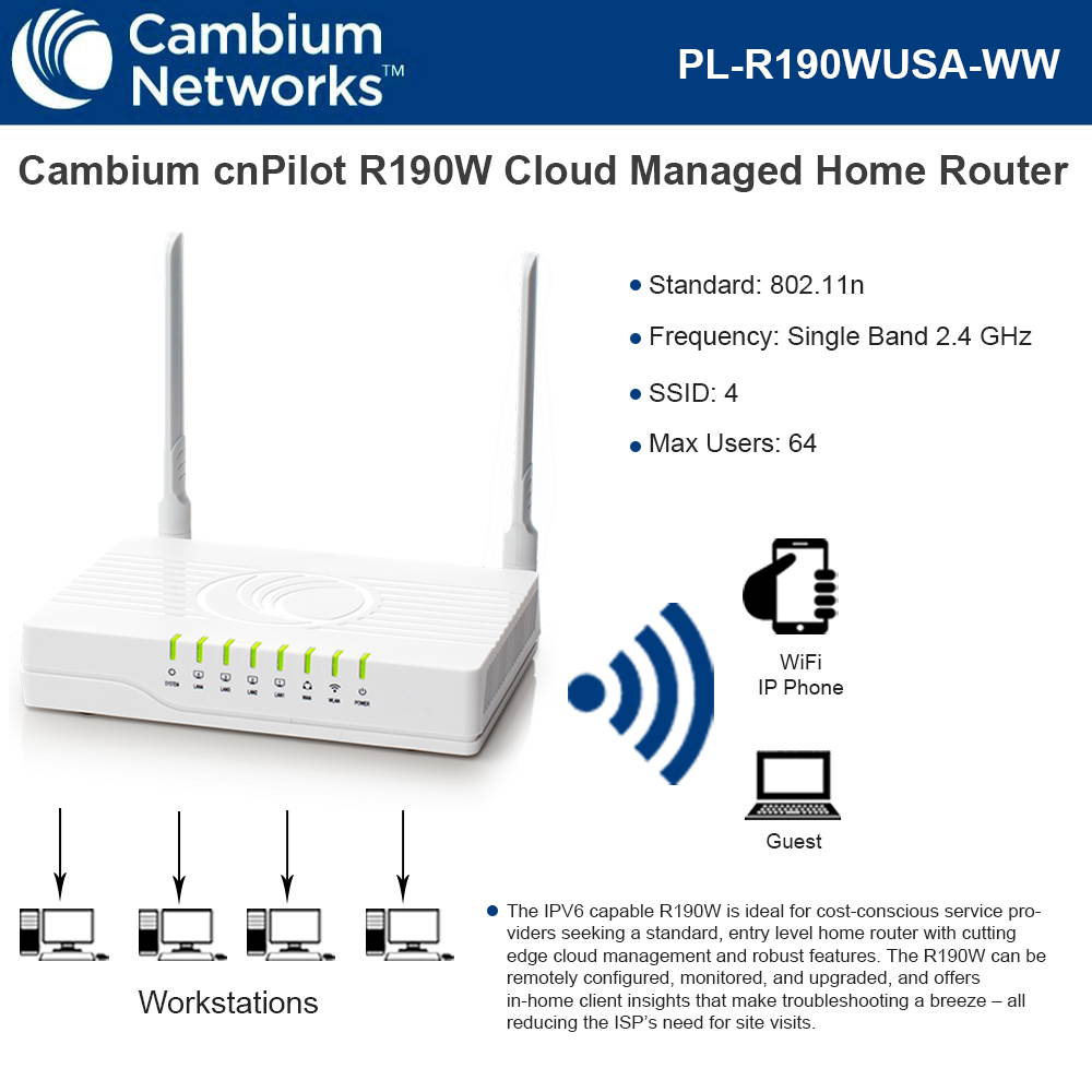 Cambium Networks cnPilot R190W Router for Home Clients - 2.4 GHz WLAN - IPV6 capable - Cloud Managed - US Cord 802.11n (PL-R190WUSA-WW)