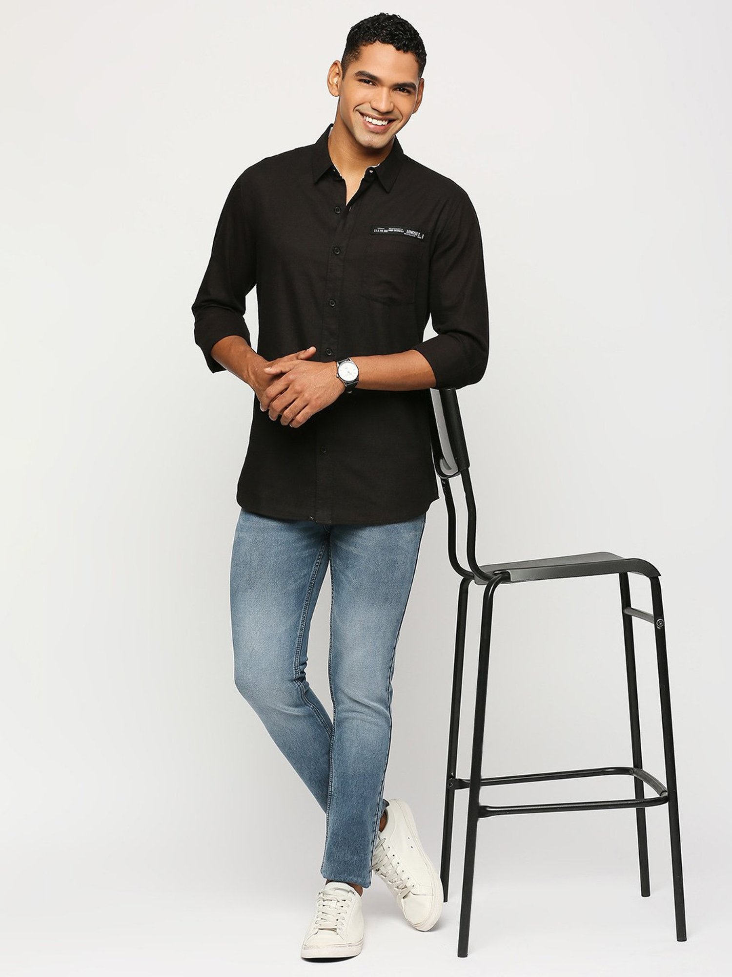 SOLEMIO Black Slim Fit Cotton Shirt
